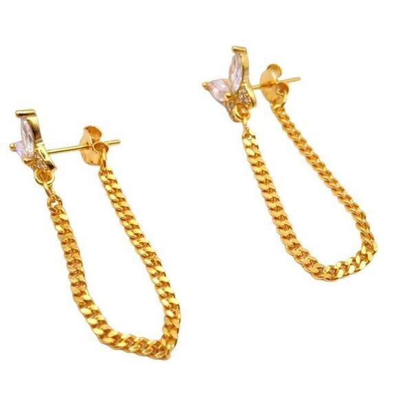 Gold sterling silver butterfly chain stud earrings - Picture 1 of 4